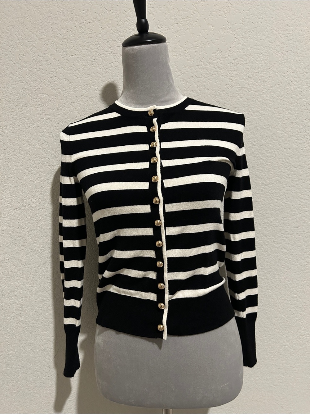 Black & White Striped Crewneck Cardigan with Gold Buttons